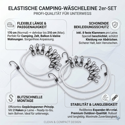 Campingwäscheleine Reise Wäscheleine 2er Set Flexibel mit Klammern Camping