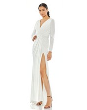 Ieena Mac Duggal 26554 Long Sleeve Wrap Jersey Gown Sz 14 White