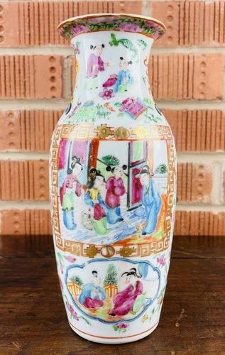 Antique Chinese Porcelain Vase Canton Famille Rose Painted Figures Qing Export
