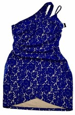 Guess Lace Overlay One Shoulder Party Bodycon Dress Cobalt Nude Padded Bra NEW