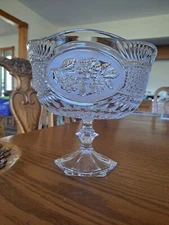 Frosted Floral Heavy Pressed Glass Pedestal Compote Centerpiece Fruit Bowl