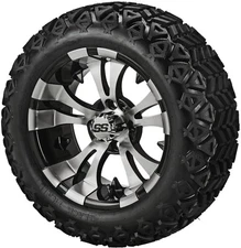 (4) Golf Cart 23x10-14 Black Trail A/T Tire on 14x7 Black/Machined Vampire Wheel
