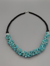 Faux Turquoise Cluster Necklace 23" Silvertone Bib Collar Beaded Costume Jewelry