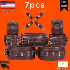 7pc Genuine Cowhide Leather BDSM Restraints Set - Wrists, Ankles, Thigh Cuffs