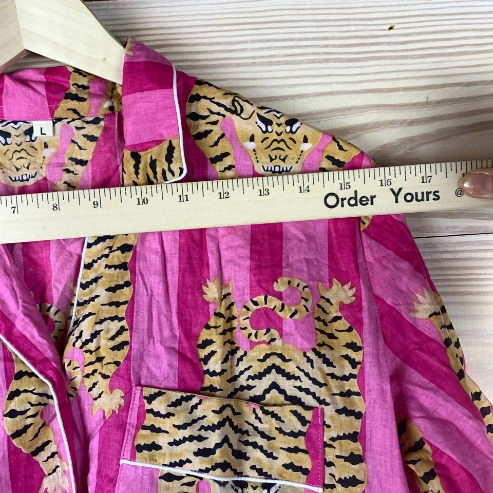 Top de pijama boho indio estampado de tigre rosa a rayas manga corta algodón Foto 4 de 4