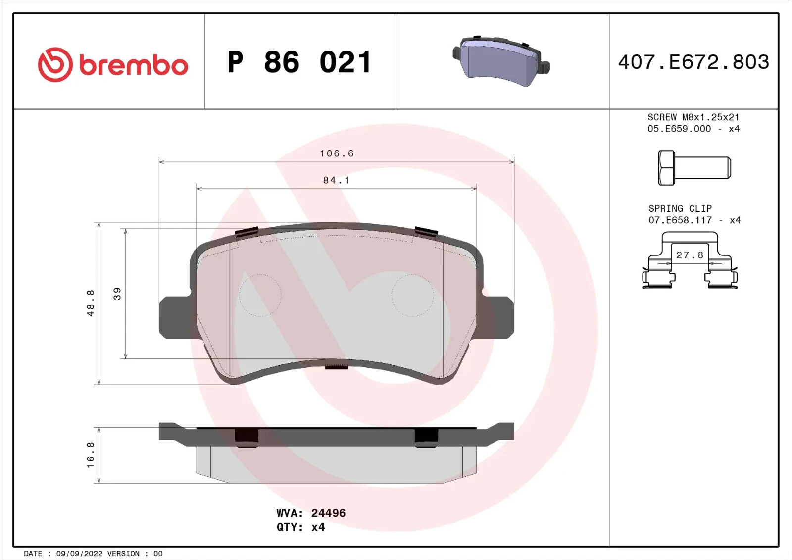 Plaquettes de freins Brembo P 86 021 en matériau premium pour disques arrière