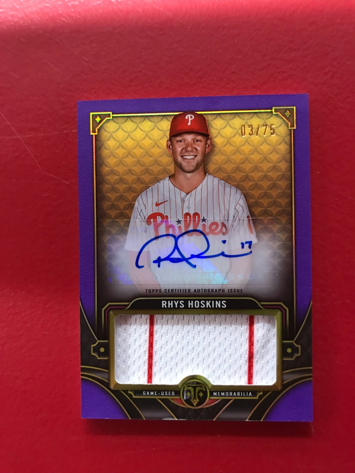 2022 Topps Triple Threads Rhys Hoskins Jumbo Relic Auto Amethyst /75 AU MEM