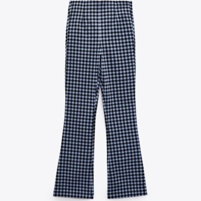 NWT ZARA VICHI CHECKED LEGGINGS High rise Mini Flare Bloggers Fav Small  Blue