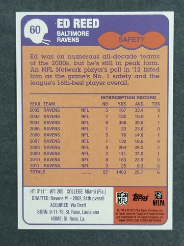 2013 TOPPS ARCHIVES GOLD FOIL SSP FOOTBALL CARD ED REED #60 NRMT-MINT RANGE (DS) - Picture 2 of 2