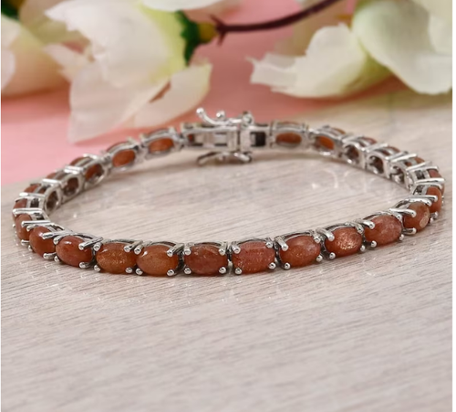 Natural Sunstone Tennis Bracelet Oval 6*4 MM 925 Sterling Silver 7 Inch - Picture 2 of 4