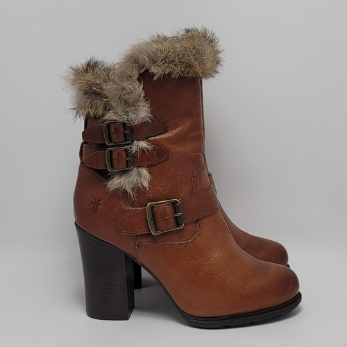 Frye Womens Brown Penny Luxe Fur Lined Buckle Cognac Leather Moto Heel Boot 7M