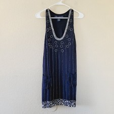 French Connection 100% Silk Shift Dress Size 0 Blue Sequin Beaded Lined Floral