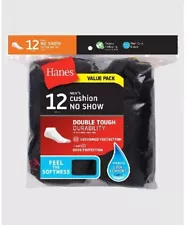 12 Hanes Men's Double Tough Cushion No Show Black Socks Pair Pack Size 12-14