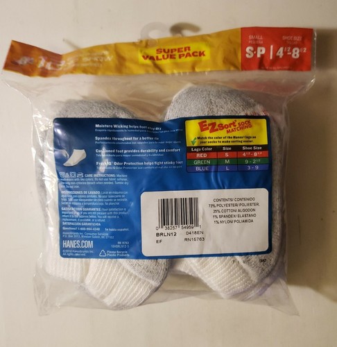 New Hanes Boys No Show Cushion Socks Size S 4.5 - 8.5 12 Pairs White Wicking - Picture 2 of 6