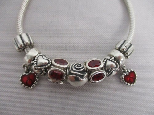 PANDORA STERLING SILVER BRACELET with Red HEART CHARMS ~ LOVELY - Picture 2 of 4