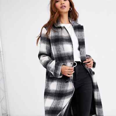 ASOS QED London Double Breasted Coat in Brushed Check, Black, NWT, MSRP $146