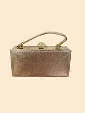 Vintage 1950s 1960s Gold Box Handbag Metallic Evening Purse Shell Clasp