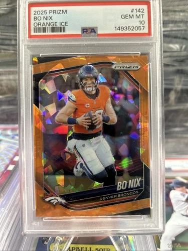 Panini 2025 Prizm Bo Nix Broncos Rookie Orange Ice #142 Football Card PSA 10🔥🔥