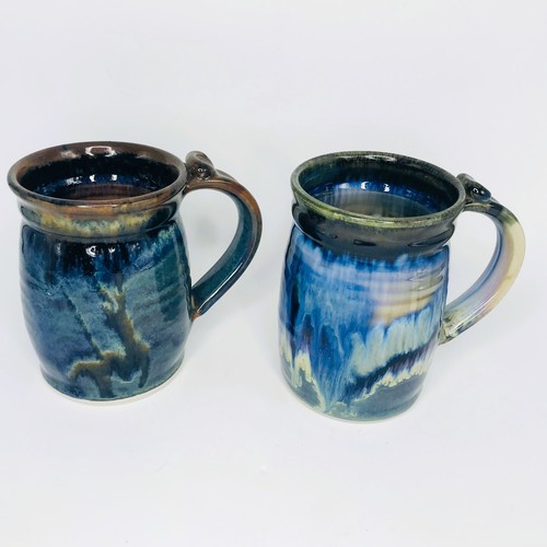 Art Studio Pottery Blue Gloss Glaze Coffee Mugs Cups - Signed - Set of 2