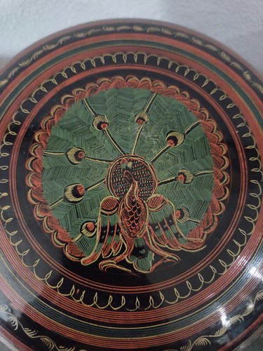 Burmese lacquerware Wood vessel "Ok-Kwet" Intricate Design Peacock Vtg 7.5" Tall - Picture 16 of 24