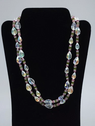 Vintage Vendome Costume Jewelry Pink & Green Beaded Two Strand Layered Necklace