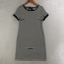 Talbots Shift Dress Womens Small Petite Ruffle Short Sleeve Cotton Striped Black