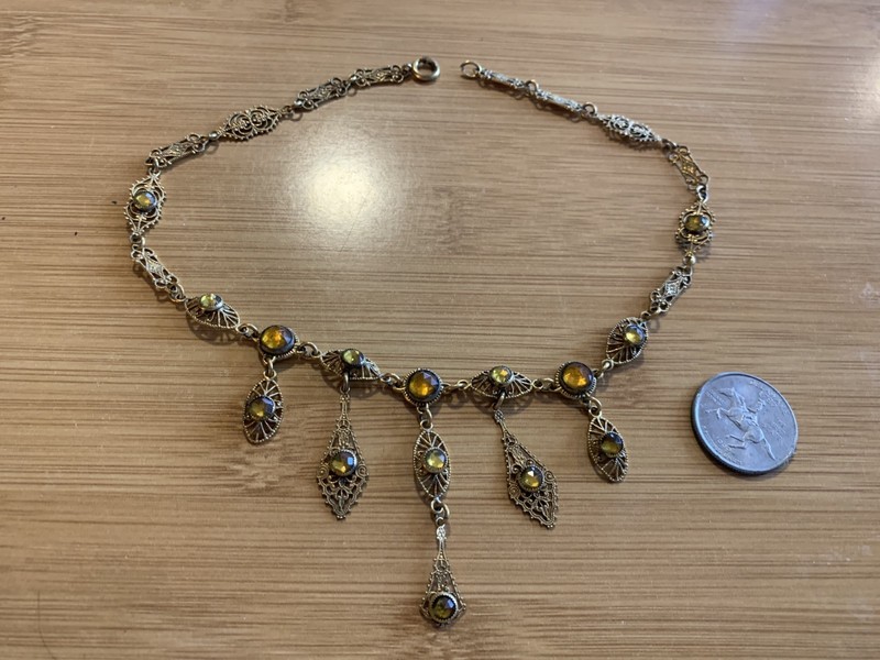 VNTAGE ANTIQUE FESTOON DANGLE FRINGE BEZZLE SET CITRINE AMBER GLASS NECKLACE