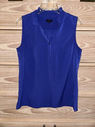 Talbots Women Blue Blouse Ruffle Collar Size 10P Petite EUC