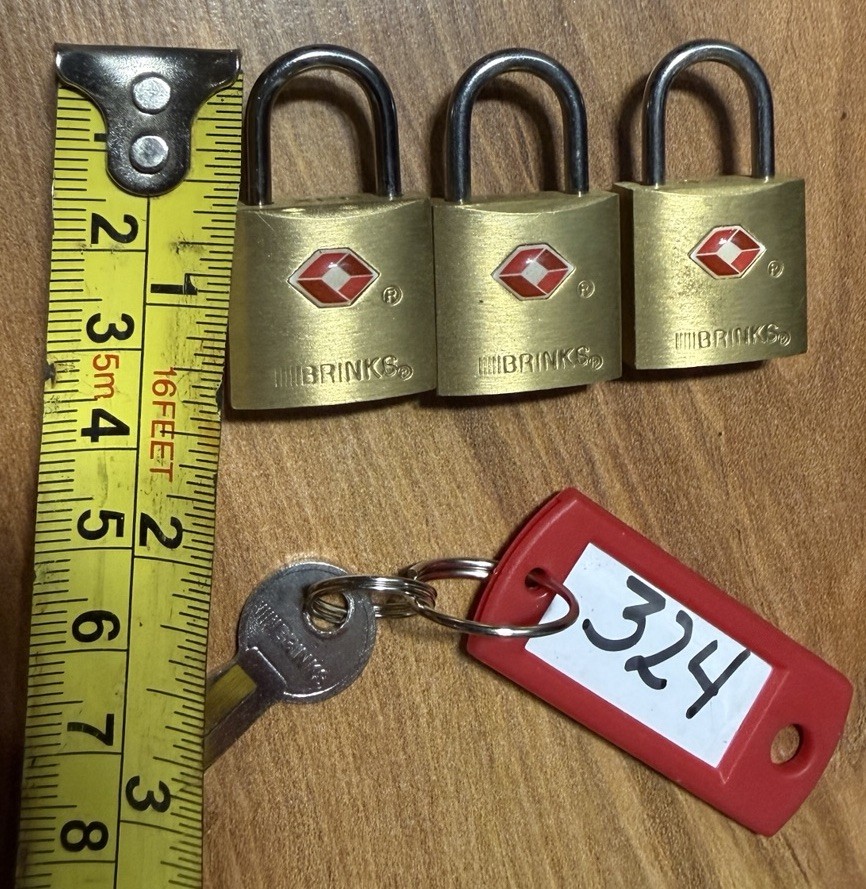 Brinks Lock Luggage Gold Tone Small Lock & Key Set of Three Locks 1 Key TSA
