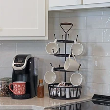 Round 4-Tier Iron Coffee Mug Tree Holder with Hooks - Brown by Sunnydaze
