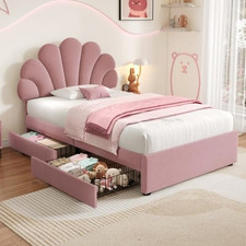 3FT Single Bed with Adjustable Chic Petal Soft Velvet 2 Storage Drawers Pink