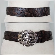 BRIGHTON S 27-31 Love Carnival Tooled Heart Leather Belt Concho Buckle Western