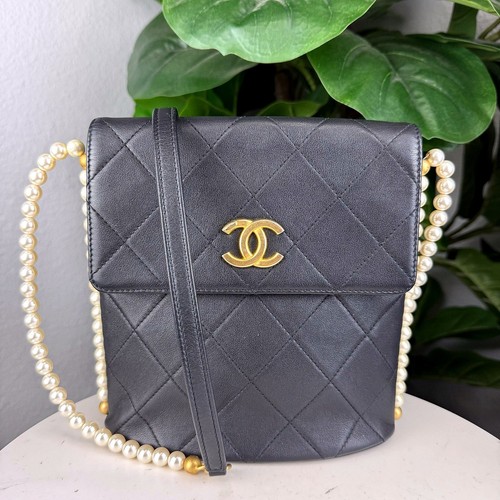 Authentic Chanel Vintage Quilted Lambskin Pearl Chain Flap Bag Black Gold HW