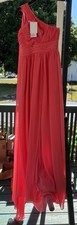 Coral One-Shoulder Ruched Chiffon Maxi Dress Solid Sleeveless Long Regular