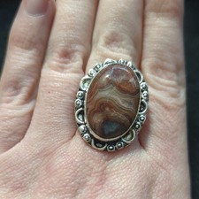 Silver Plated Brown Cream Crazy Lace Agate Gemstone Oval Statement Ring - 9.75