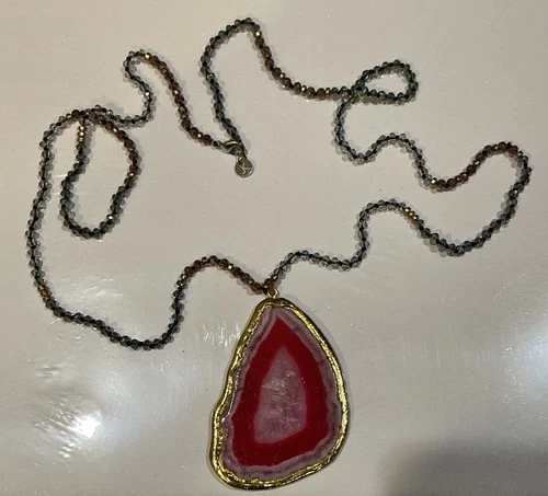 HSN JK NY Pink Agate Slice Pendant with Faceted Bead Drop 35" Necklace BNIB - product listing photo