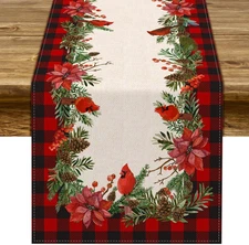 Christmas Cardinal Table Runner Buffalo Plaid Check Poinsettia Holly Xmas  