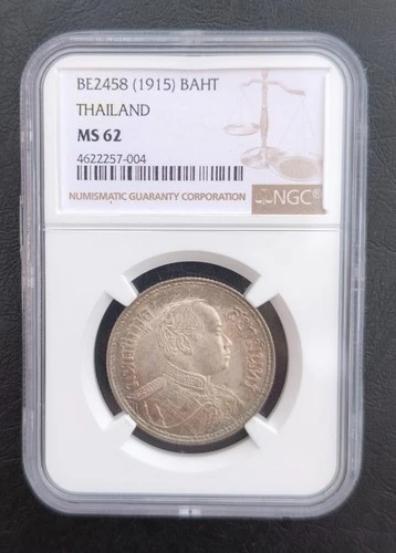 THAILAND 1 BAHT 2458 1915 RAMA VI SILVER COIN NGC MS62