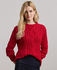 Lauren Ralph Lauren Aran Knit Crewneck Sweater Red Petite Size PL