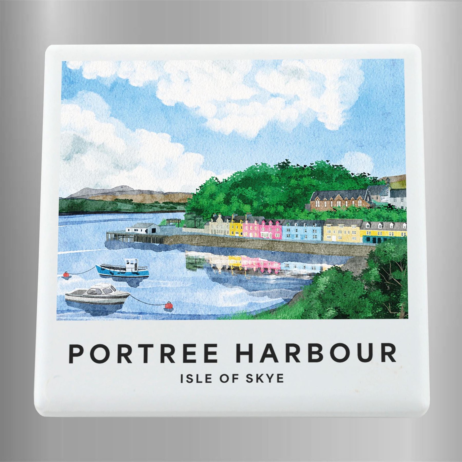 Portree Harbour Scotlands Landscape Illustration Ceramic Square Magnet