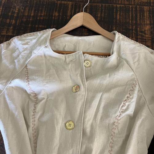 Embroidered Cape Vintage Trench Coat Large Ivory Beige Belted Detachable Lined - Picture 9 of 14