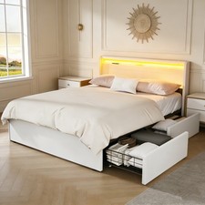 OYAJIA 4FT6 Double Size Bed Upholstered Bed Frame with LED & 4 Drawer Storage