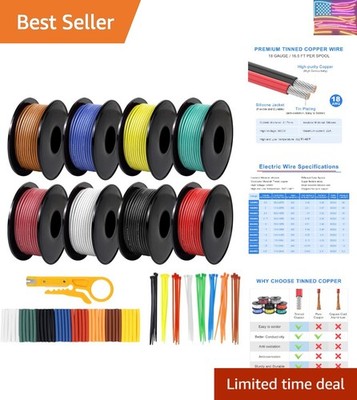 18 AWG Stranded Wire Spool, 16.5ft Each in 8 Colors - Silicone Electrical Tin...
