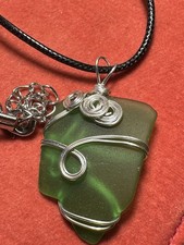 Handmade Green Sea Glass Wire Wrapped Pendant Necklace Boho Beach Jewelry