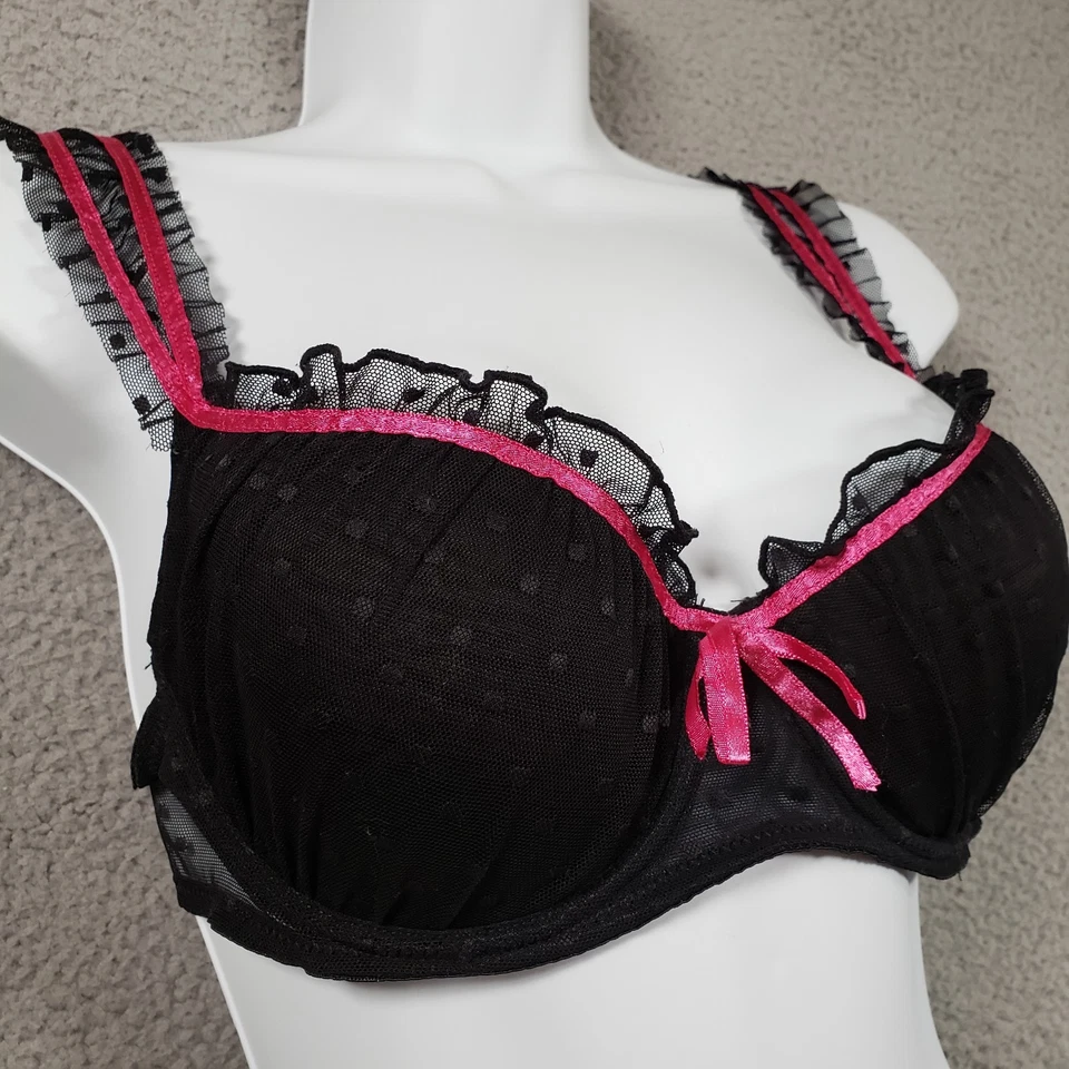 Бюстгальтер Rampage Intimates 36C черный кружевной в горошек балконет пуш-ап с оборками розовый бант - Изображение 2 из 4