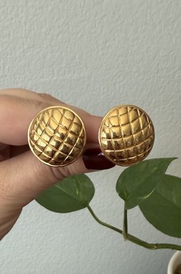 Vintage Monet Gold Tone Quilted Round Woven Texture Clip On Earrings Domed 80 s