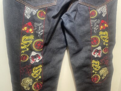 EVISU Men's Jeans  Print Blue Size 34 Chinese Unhemmed Made Only By Yamans
