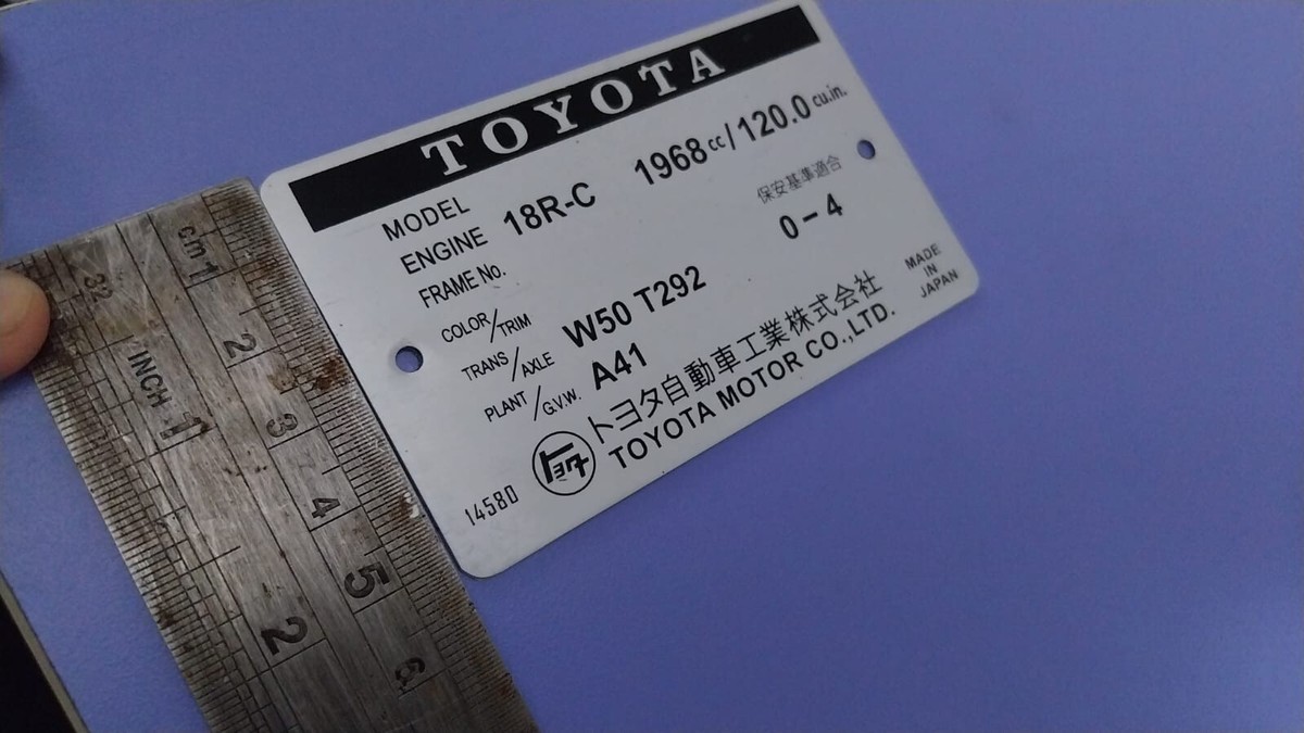ID plate Vintage Toyota Decal 18R-C Vin Plate VIN PLATE CORONA