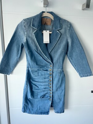 Retrofete Jean Willa Dress Womens XS Western Denim Padded Shoulders Ruched  Snap | eBay