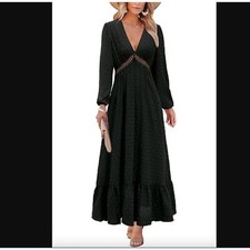 NWT NEW Black Maxi Dress Swiss Dot V Neck Dress Flowy Boho Long Sleeve
